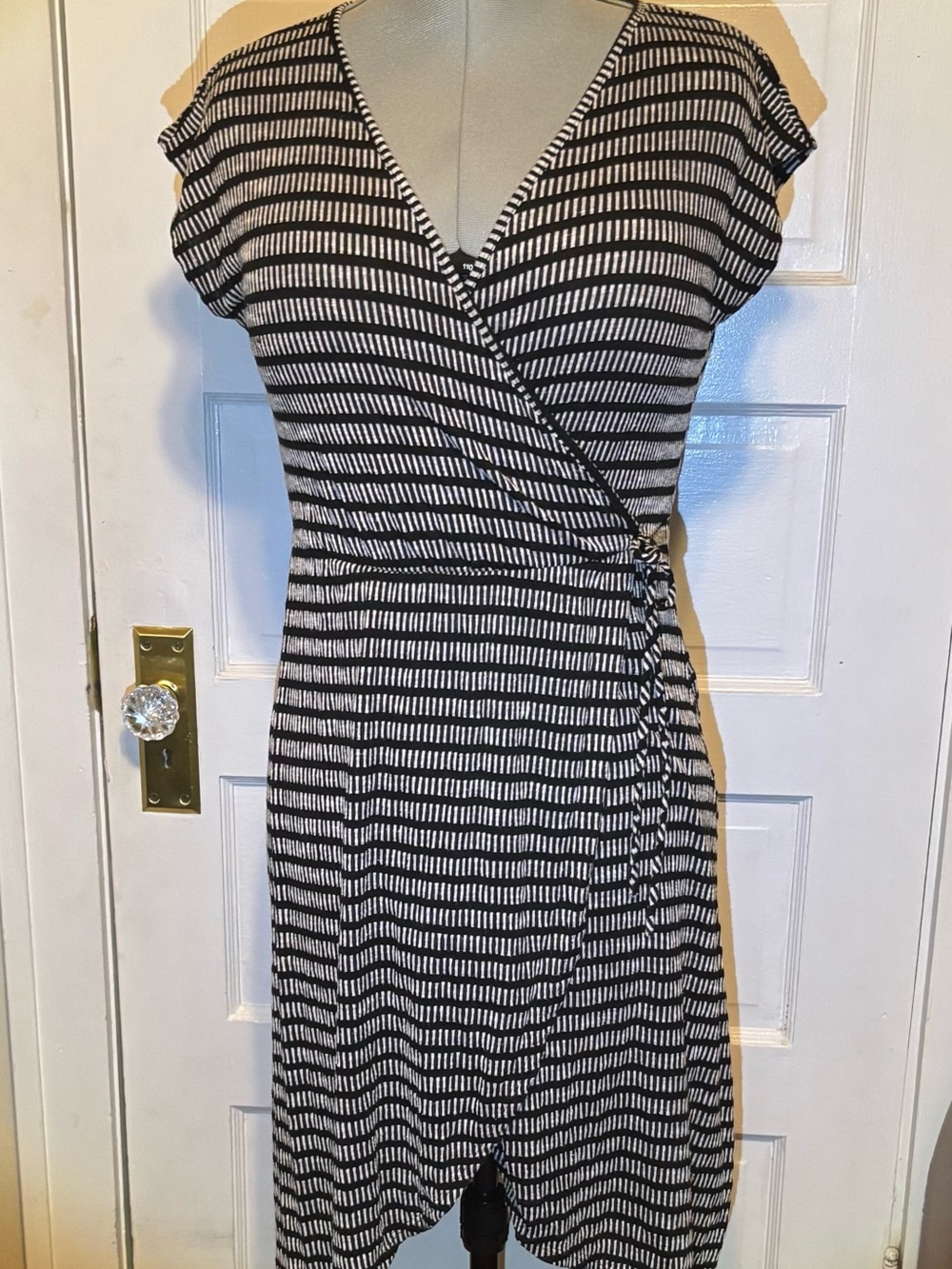 * Caution to the Wind Black & White Striped Faux Wrap High-Low Dress